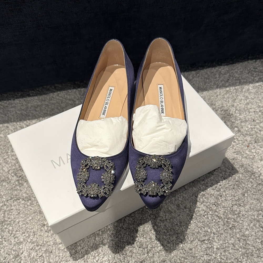 Manolo Blahnik Navy Blue Embellished Flats